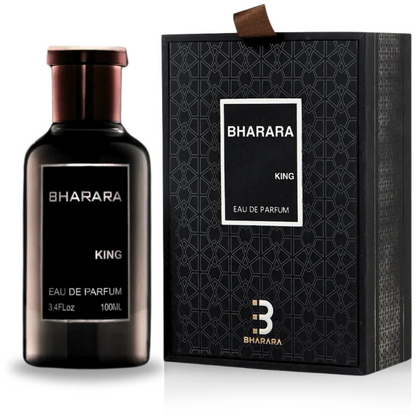 Bharara King dark bottle with a bronze-colored cylindrical cap and silver-bordered label beside a black patterned box with a brown ribbon tab on a white background.