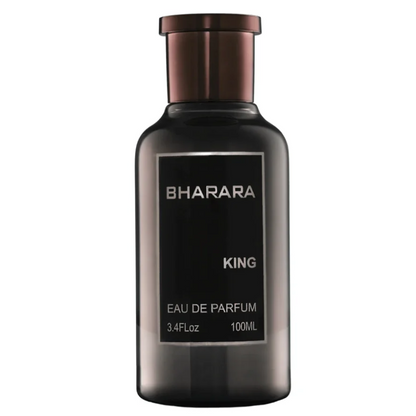 Front view of the Bharara King smoky dark bottle with a bronze-colored cap and a black label bordered in silver, marked Eau de Parfum 100ml, on white.