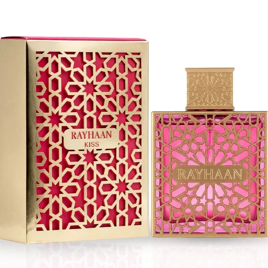 Rayhaan Kiss pink and gold lattice bottle with its matching pink box