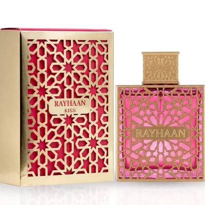 Rayhaan Kiss pink and gold lattice bottle with its matching pink box
