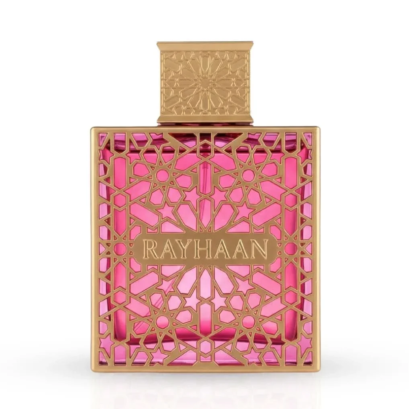 Rayhaan Kiss front view of the pink bottle with gold lattice detailing