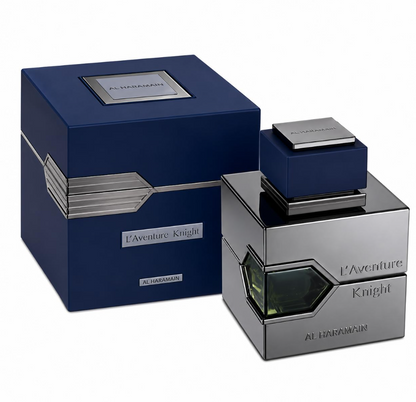 Al Haramain L'Aventure Knight dark silver square bottle with a blue cap and angular glass window beside a navy box with silver bands on white.