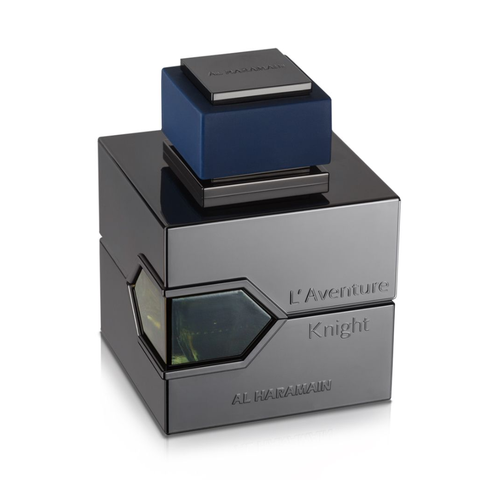 Angled view of Al Haramain L'Aventure Knight gunmetal-colored bottle with a dark angular glass window and navy square cap topped by a metal plate on white.