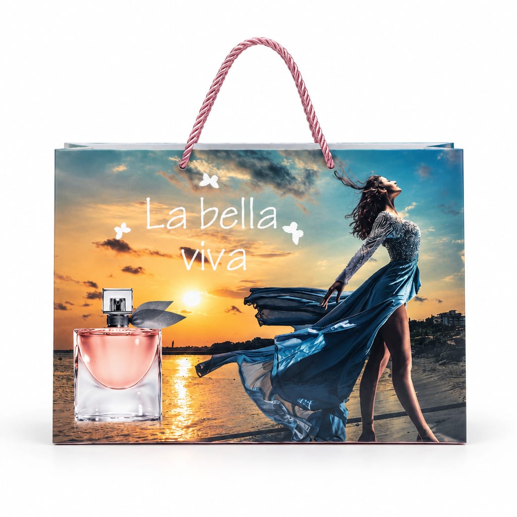 La Bella Viva V7 closed gift box with a rope handle and sunset illustration