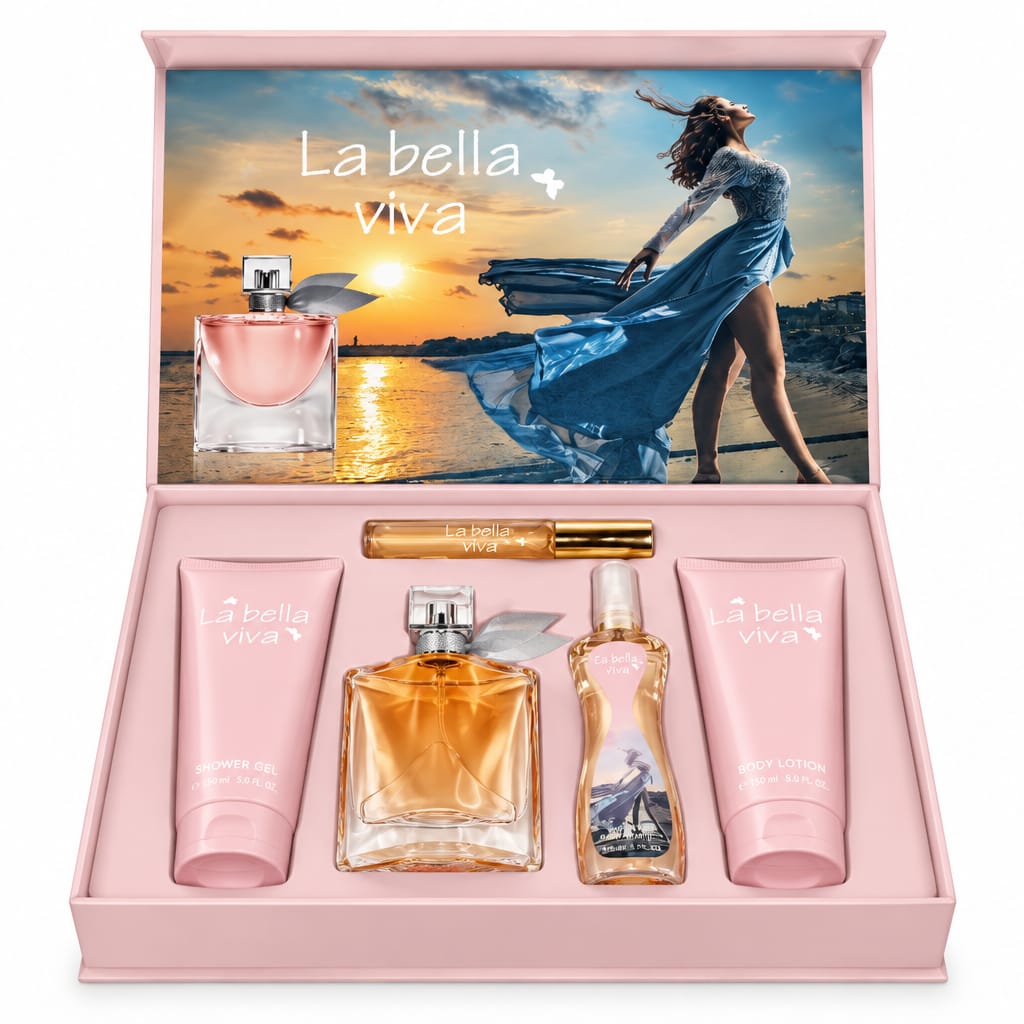 La Bella Viva V7 open pink five-piece fragrance and body care gift box