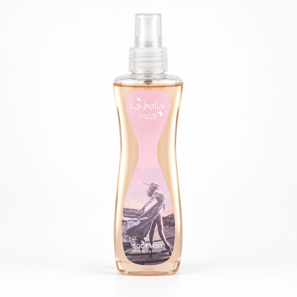 La Bella Viva V7 pink body mist bottle with a clear spray top