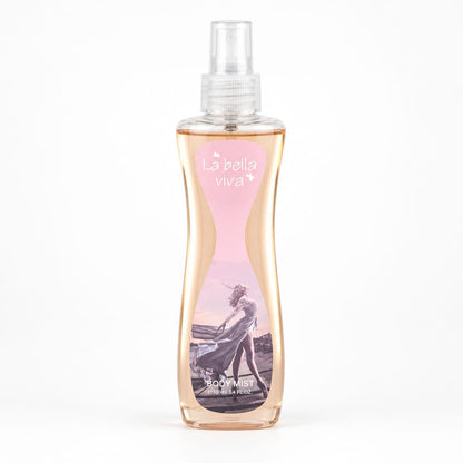 La Bella Viva V7 pink body mist bottle with a clear spray top