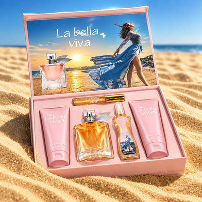 La Bella Viva V7 open pink gift box displayed on sand beside fabric