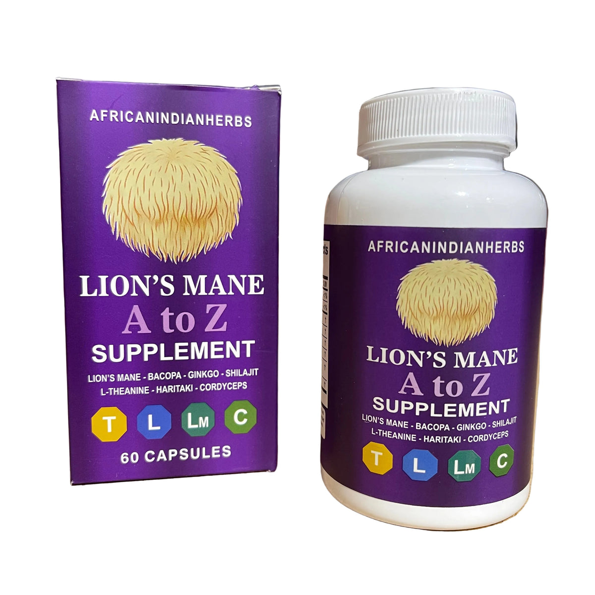 African Indian Herbs Lion's Mane A to Z Supplement 60ct Capsules Jar