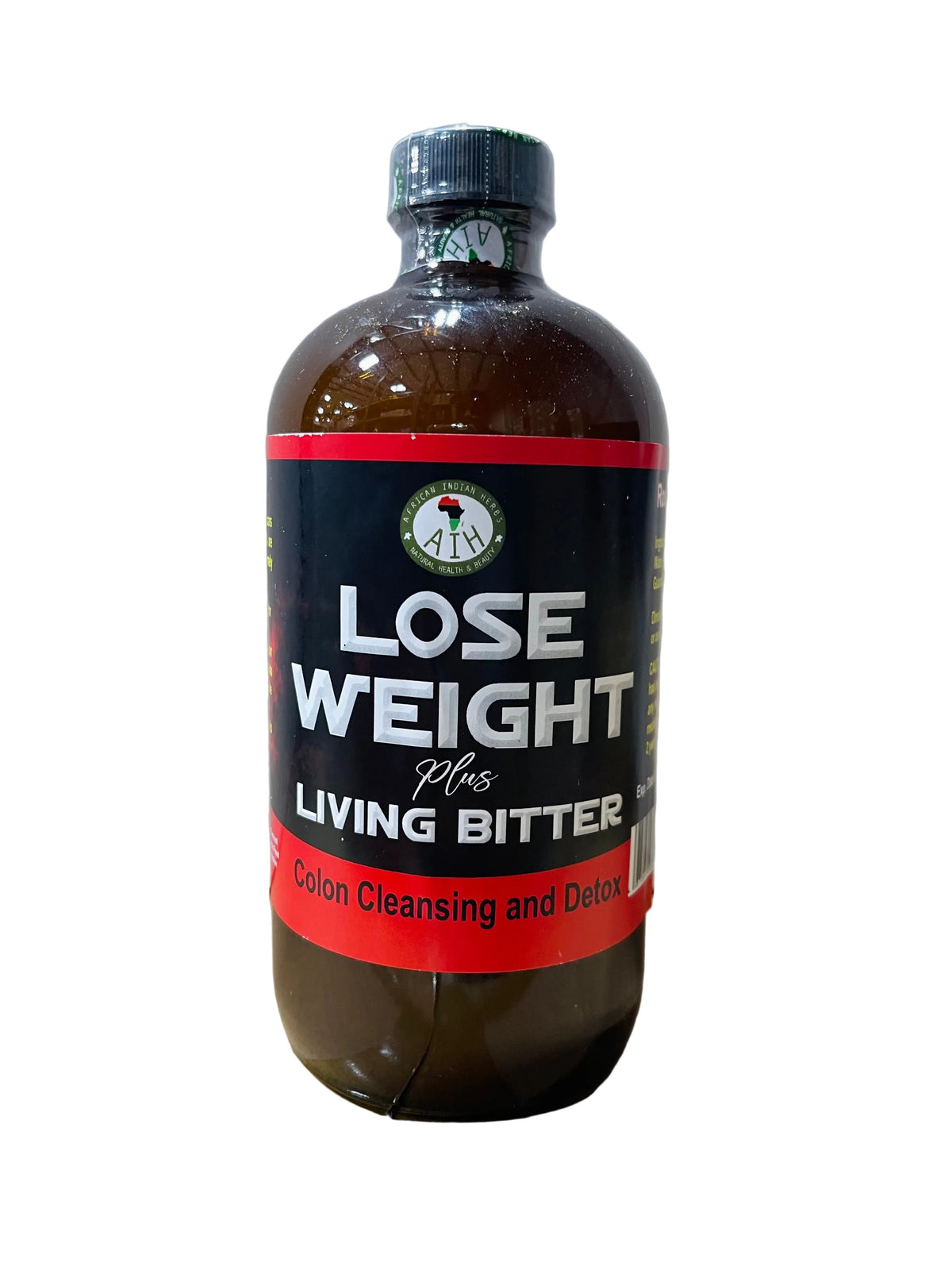 African Indian Herbs Lose Weight Plus Living Bitter bottle with black and red Lose Weight Plus label