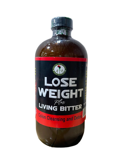 African Indian Herbs Lose Weight Plus Living Bitter bottle with black and red Lose Weight Plus label