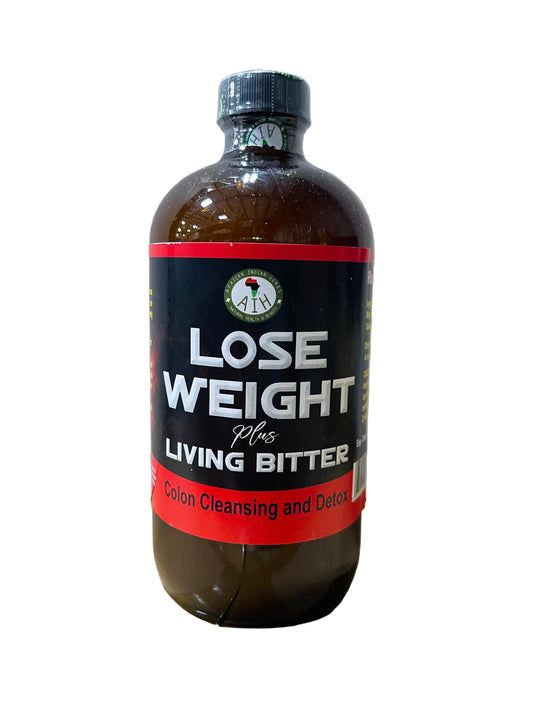 African Indian Herbs Lose Weight Plus Living Bitter bottle with black and red Lose Weight Plus label