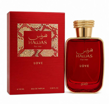Rasasi Hawas For Her Love red bottle with gold edging and a coiled gold-colored cap beside its red box with a gold snakeskin-style label panel on white.