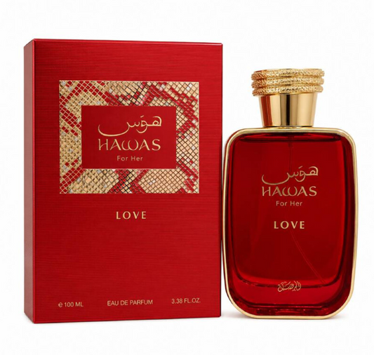 Rasasi Hawas For Her Love red bottle with gold edging and a coiled gold-colored cap beside its red box with a gold snakeskin-style label panel on white.