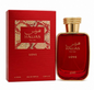 Rasasi Hawas For Her Love red bottle with gold edging and a coiled gold-colored cap beside its red box with a gold snakeskin-style label panel on white.