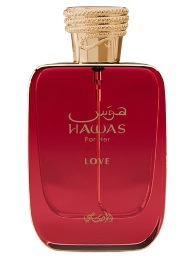 Rasasi Hawas For Her Love ruby-to-pink bottle with gold edging and lettering, a visible dip tube and a textured coiled gold-colored cap against a white background.