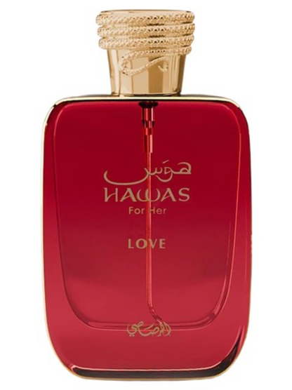 Rasasi Hawas For Her Love ruby-to-pink bottle with gold edging and lettering, a visible dip tube and a textured coiled gold-colored cap against a white background.