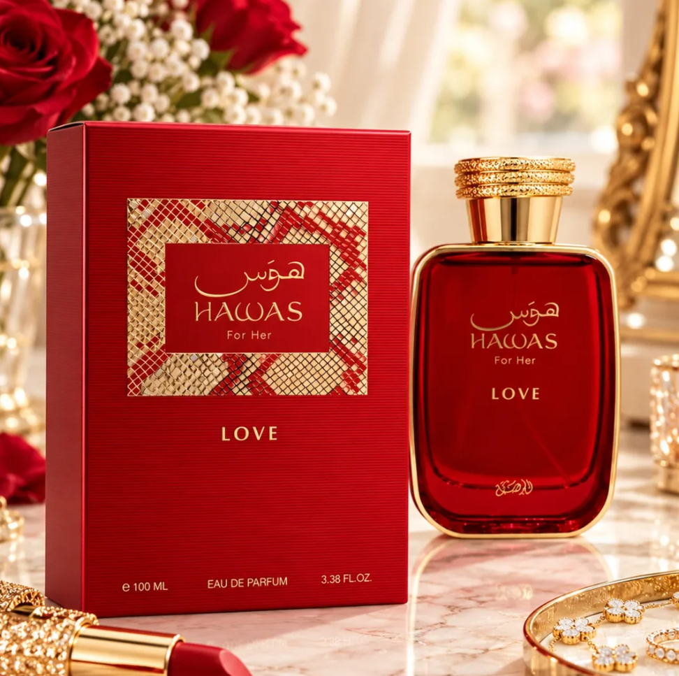 Rasasi Hawas For Her Love red bottle with gold trim and textured cap beside its red-and-gold box on a marble vanity with red roses, lipstick and a gold-colored jewelry tray.