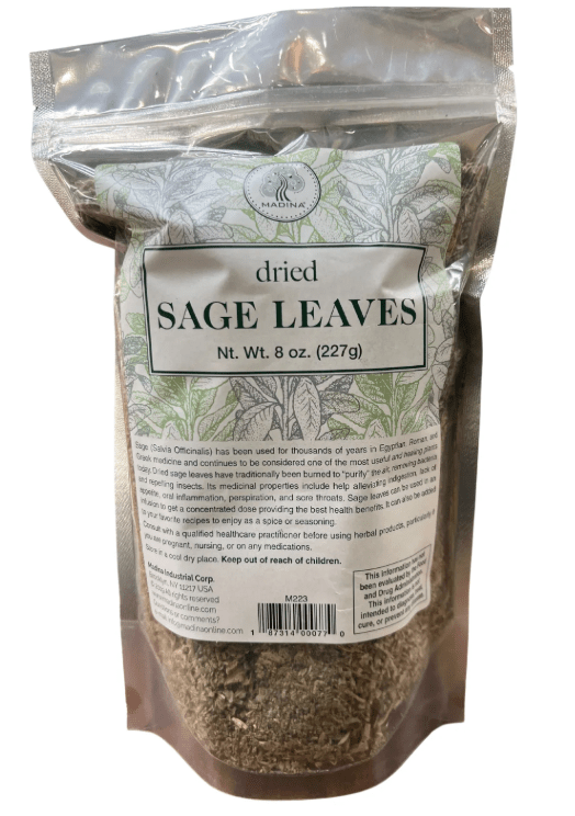Bag of Madina Dried Sage Leaves, 8 oz, showing loose dried sage herbs packaged for cooking, teas, or cleansing uses.