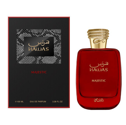 Rasasi Hawas Majestic deep-red bottle with gold lettering and a textured gold-colored cap beside a black box with red edging and a silver snakeskin-style panel on white.