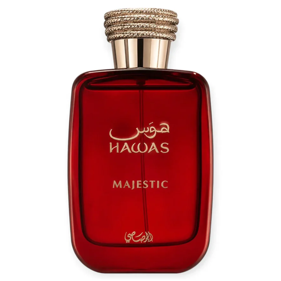 Front view of the Rasasi Hawas Majestic deep-red rounded rectangular bottle with gold lettering and a gold-colored cap topped with coiled textured bands on white.