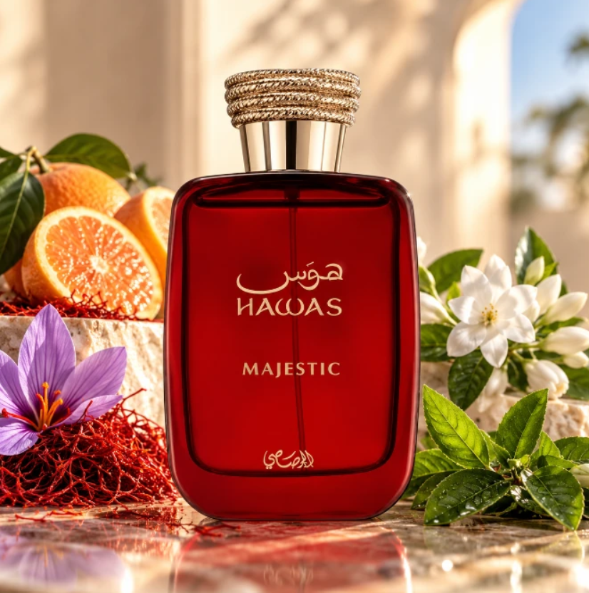 Rasasi Hawas Majestic red bottle with a textured gold-colored cap on a reflective surface among orange halves, saffron threads, a purple flower, white blossoms and green leaves.