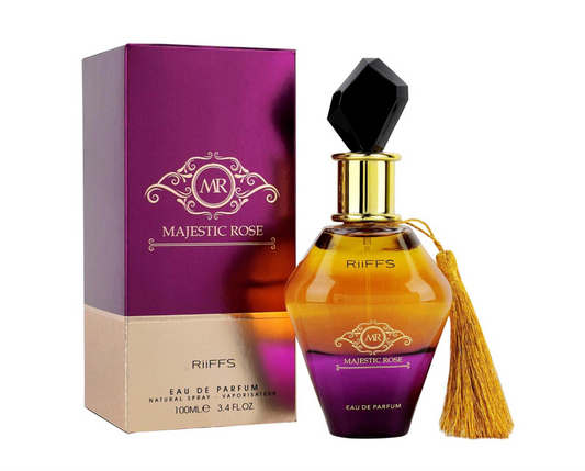 Riiffs Majestic Rose curved perfume bottle with amber-to-purple coloring, gold neck, black faceted cap and gold tassel, beside its purple-and-beige box on white.