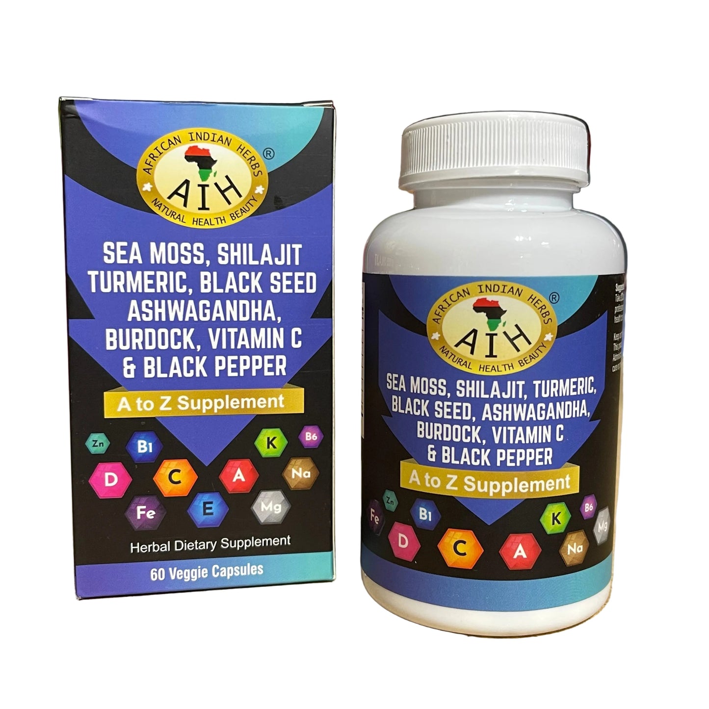 African Indian Herbs MEGA A to Z Supplement 60ct Capsules Jar