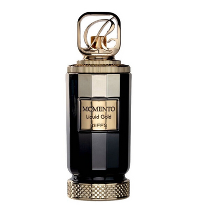 Riiffs Momento Liquid Gold black faceted bottle with gold front plaque, ribbed collar, patterned gold base and rounded-square openwork monogram cap on white.