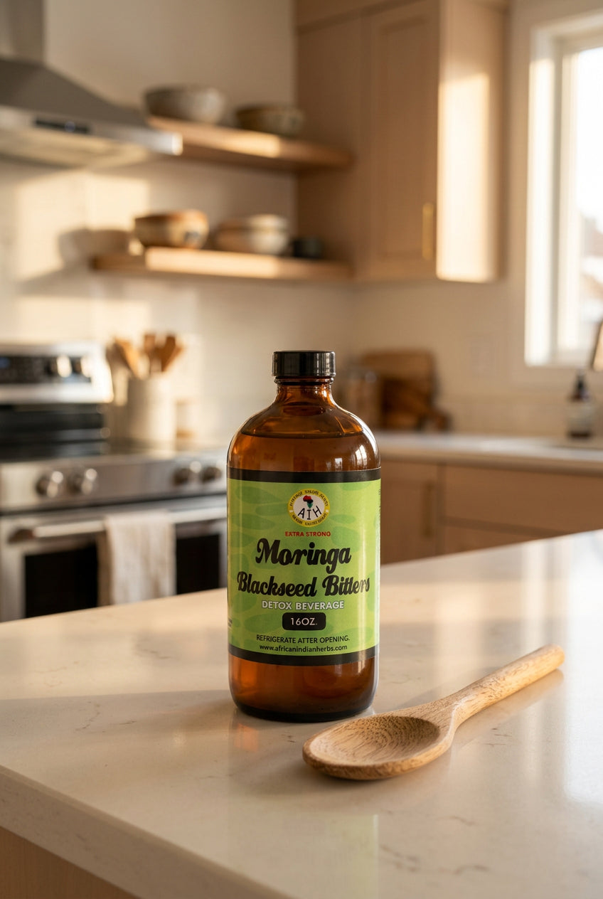 African Indian Herbs Extra Strong Moringa Blackseed bottle on a kitchen counter beside a wooden spoon