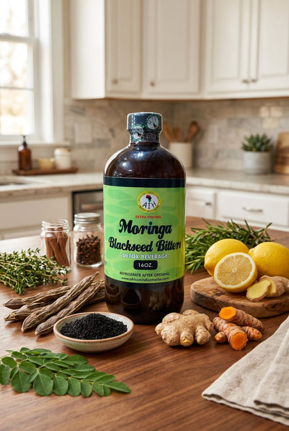 African Indian Herbs Extra Strong Moringa Blackseed bottle with seed bowls, leaves, citrus and root props