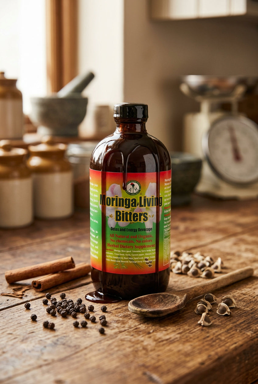 African Indian Herbs Moringa Living Bitters bottle on a kitchen table beside a wooden spoon and dried herbs