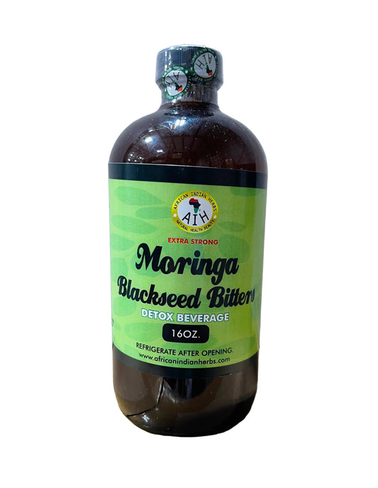African Indian Herbs Extra Strong Moringa Blackseed bottle with green label
