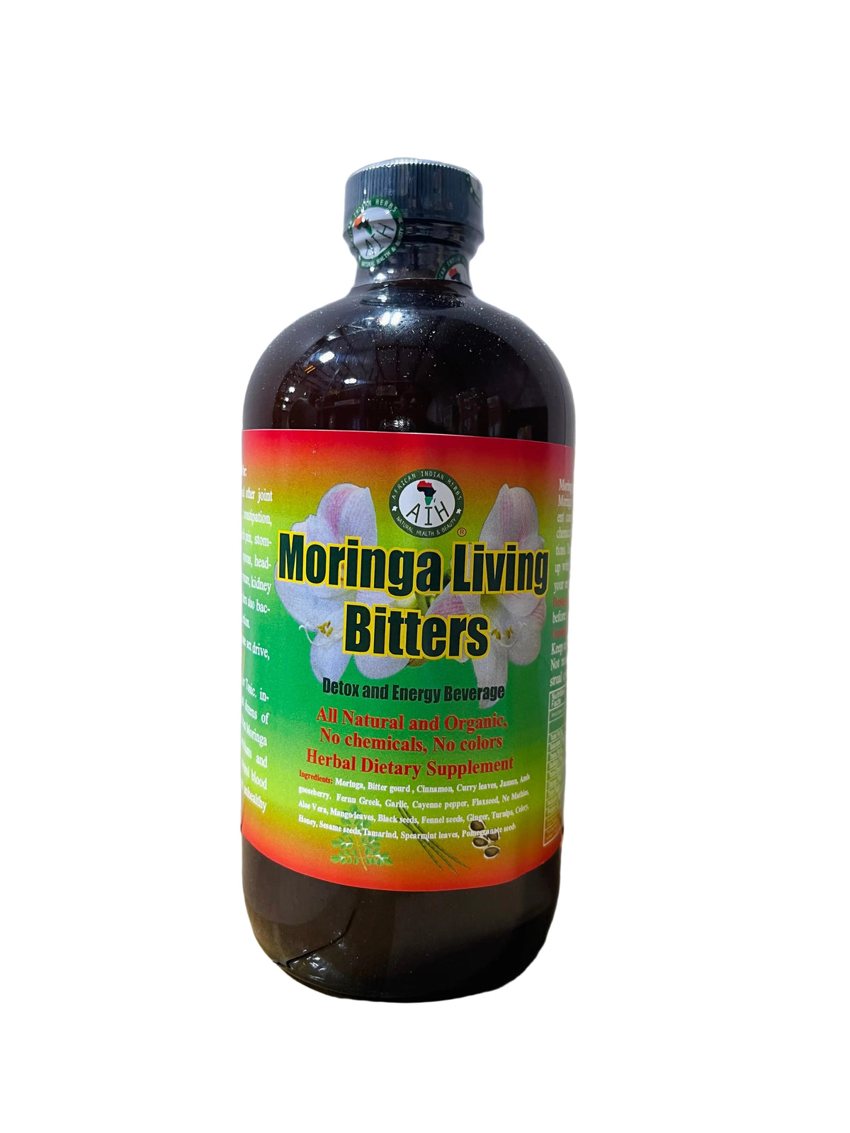African Indian Herbs Moringa Living Bitters bottle with red and green Moringa Living Bitters label