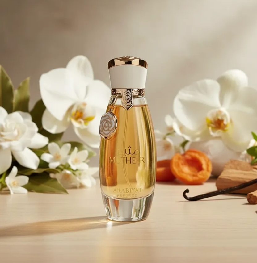 Arabiyat Prestige Mutheer golden-filled bottle with white-and-gold cap and hanging charm on a pale surface, among white orchids, halved orange fruit, dark pods and wood.