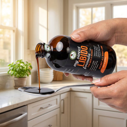 African Indian Herbs My Sweet Libido Formula liquid being poured from the bottle onto a spoon