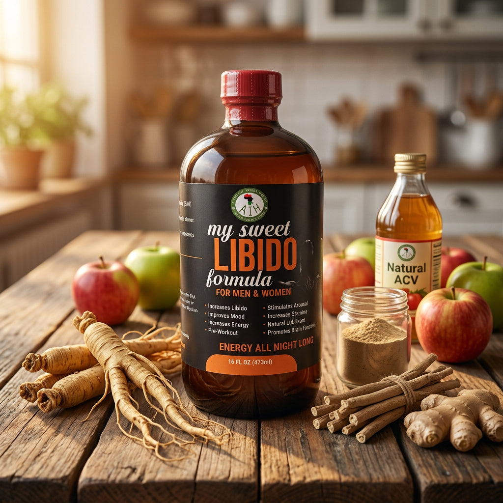 African Indian Herbs My Sweet Libido Formula bottle on a wooden table with fruit, roots and honey props