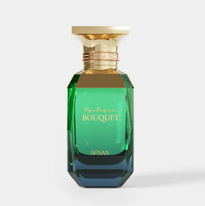 Afnan Mystique Bouquet faceted emerald green perfume bottle fading to dark blue at the base, with gold shoulders, wide gold cap and gold lettering on white.