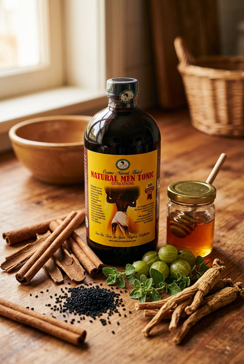 African Indian Herbs Natural Men Tonic Extra Strong bottle beside spices, seeds, honey and botanical props