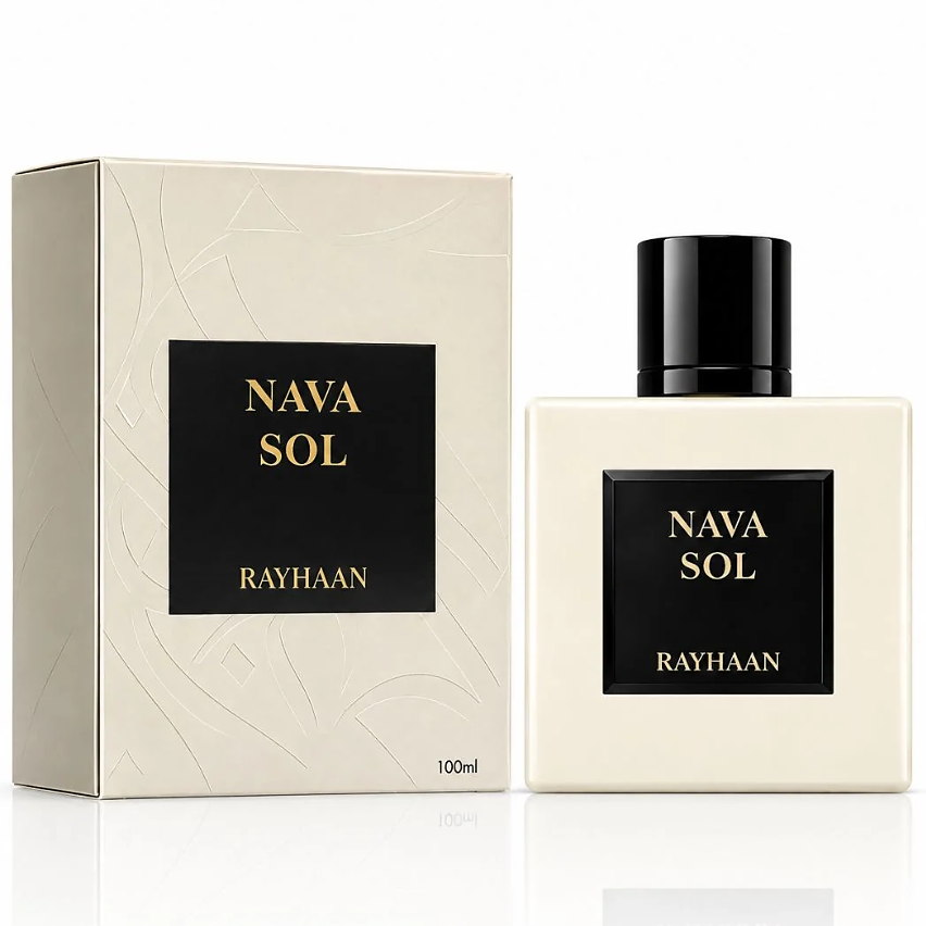Rayhaan Nava Sol ivory square bottle with black cap beside its matching ivory box