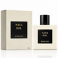 Rayhaan Nava Sol ivory square bottle with black cap beside its matching ivory box