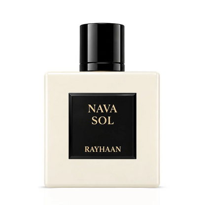 Rayhaan Nava Sol front view of the ivory bottle and black name plaque