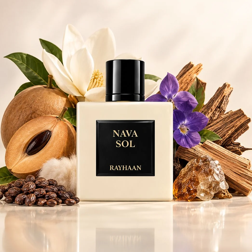 Rayhaan Nava Sol bottle with sliced fruit, white and violet flowers, wood and amber-colored props