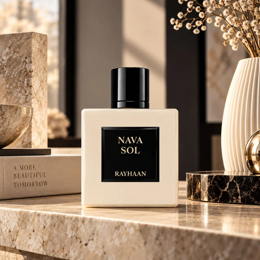 Rayhaan Nava Sol ivory bottle on a beige marble table beside books and a flower vase