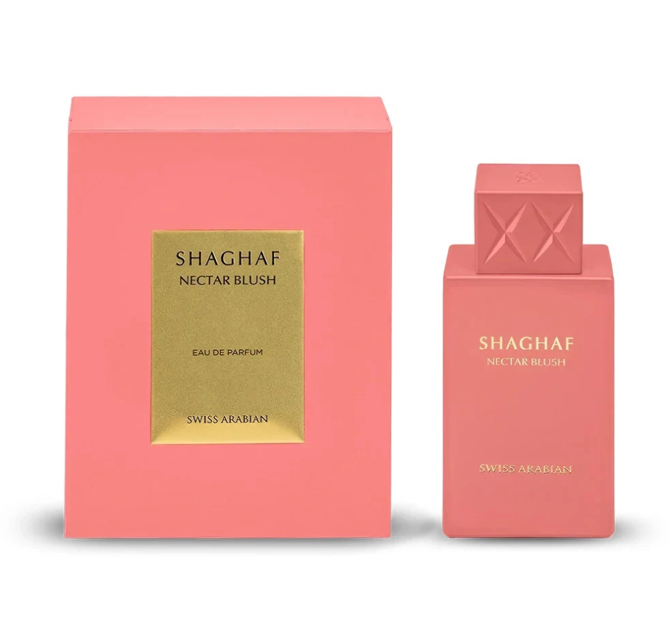 Swiss Arabian Shaghaf Nectar Blush coral-pink rectangular bottle with embossed square cap and gold lettering, beside its matching coral box with gold plaque on white.