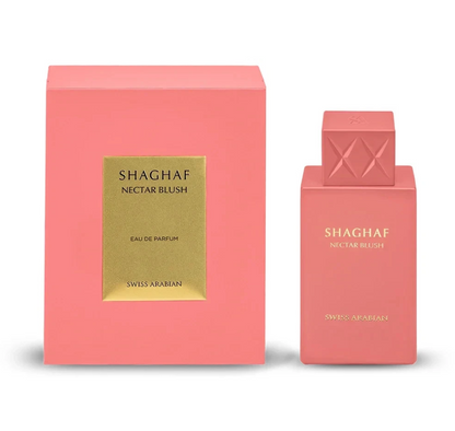 Swiss Arabian Shaghaf Nectar Blush coral-pink rectangular bottle with embossed square cap and gold lettering, beside its matching coral box with gold plaque on white.