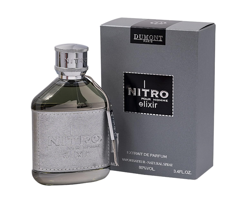 Dumont Paris Nitro Elixir smoky gray perfume bottle with silver textured wrap and cylindrical silver cap, beside its gray box with black label on white.