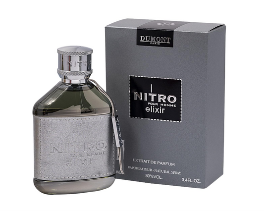Dumont Paris Nitro Elixir smoky gray perfume bottle with silver textured wrap and cylindrical silver cap, beside its gray box with black label on white.