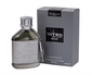 Dumont Paris Nitro Elixir smoky gray perfume bottle with silver textured wrap and cylindrical silver cap, beside its gray box with black label on white.
