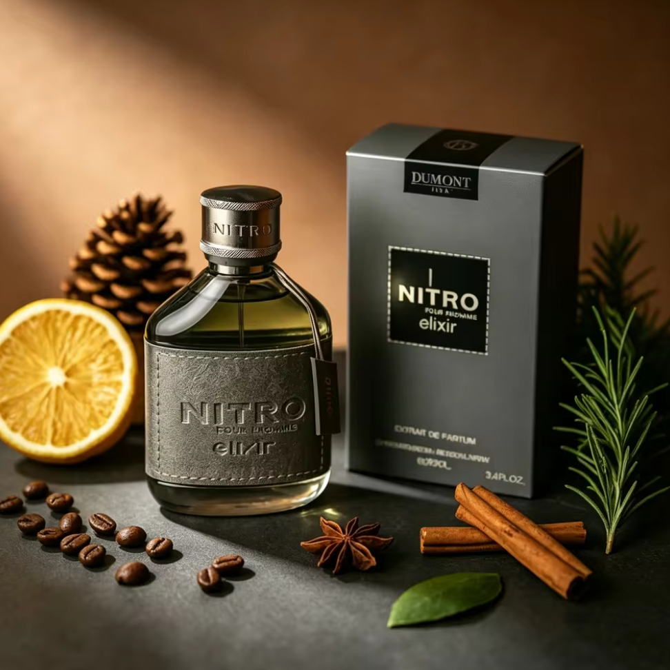 Dumont Nitro Elixir gray bottle and box on a dark surface, surrounded by an orange half, coffee beans, pine cone, cinnamon sticks, star anise and green sprigs.